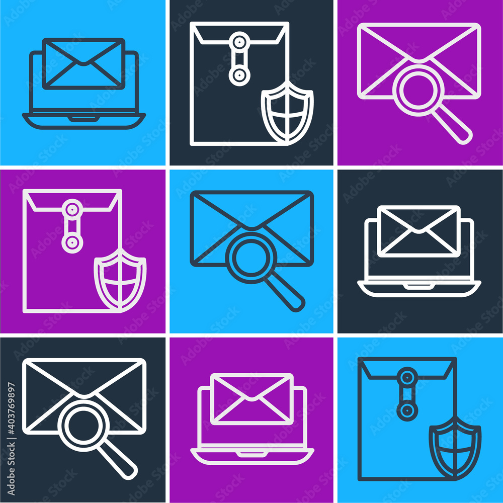 Set line Laptop with envelope, Envelope with magnifying glass and Envelope with shield icon. Vector.