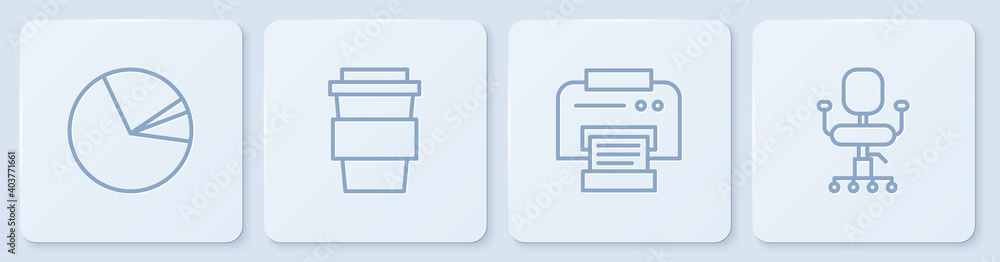 设置线条饼图信息图、打印机、随身携带的咖啡杯和办公椅。白色方形按钮。Vec