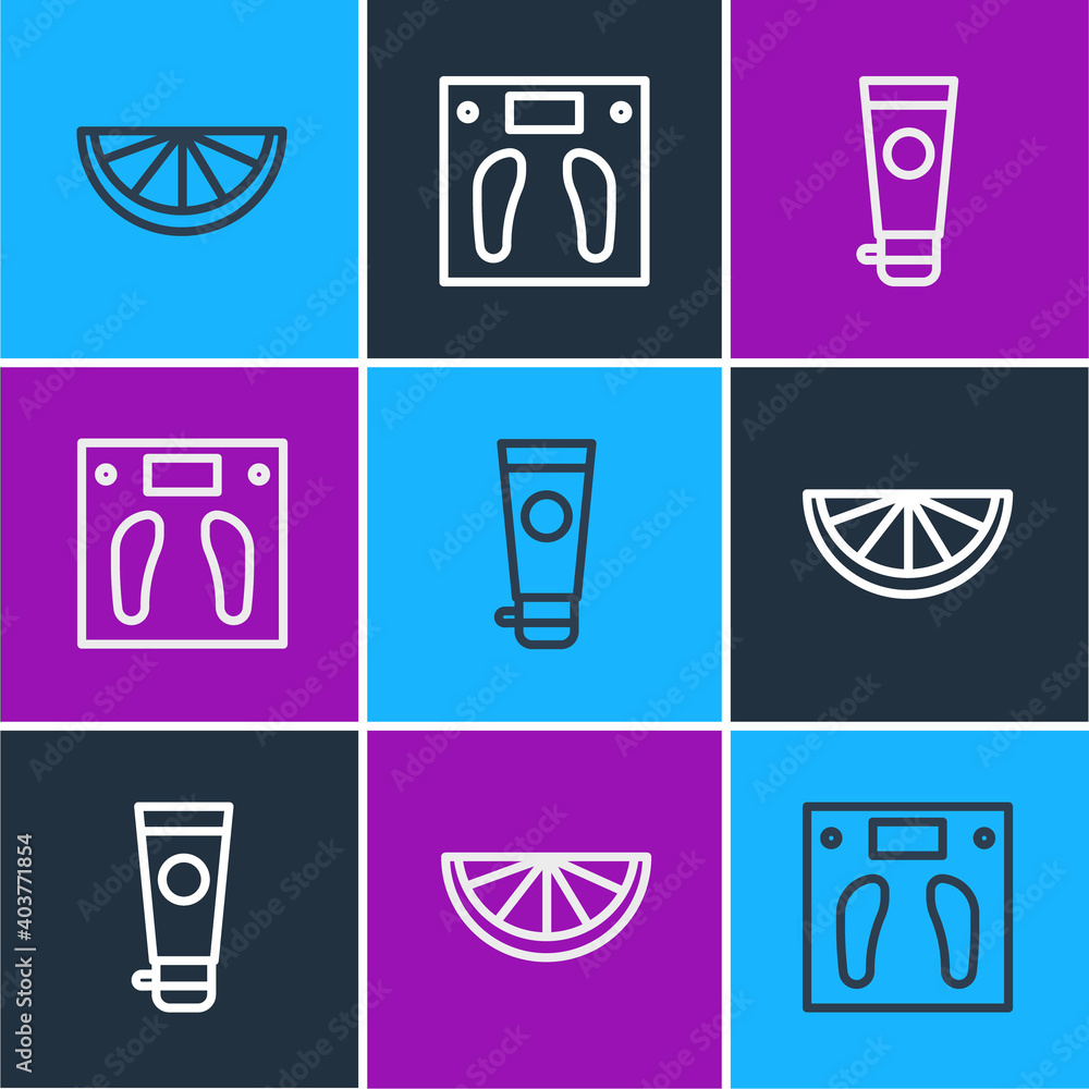 Set line Citrus fruit, Cream or lotion cosmetic tube and Bathroom scales icon. Vector.