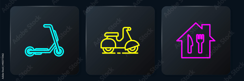 Set line Scooter delivery, Online ordering and and . Black square button. Vector.