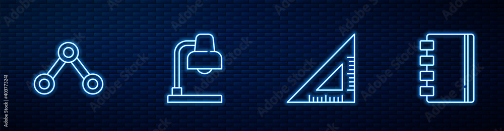 设置线条三角尺、分子、台灯和螺旋笔记本。砖墙上闪烁的霓虹灯图标