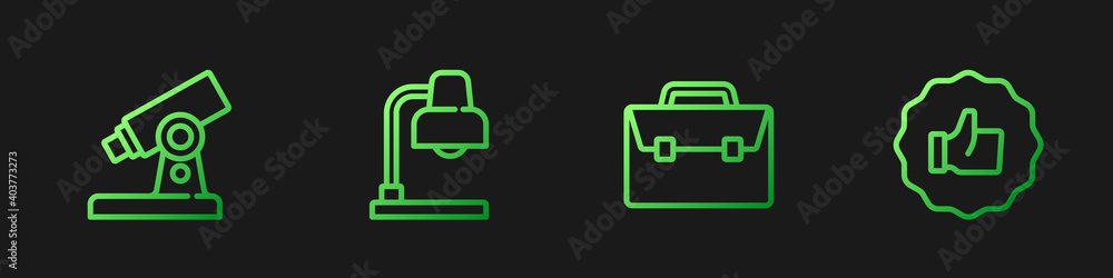 Set line Briefcase, Microscope, Table lamp and Hand thumb up. Gradient color icons. Vector.