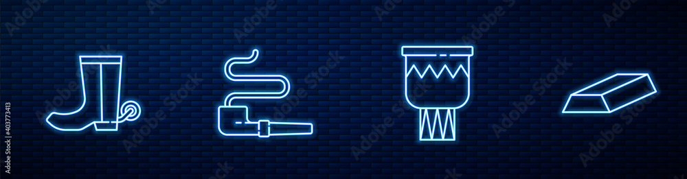 排线鼓、牛仔靴、烟筒和金条。砖墙上闪闪发光的霓虹灯图标。矢量。