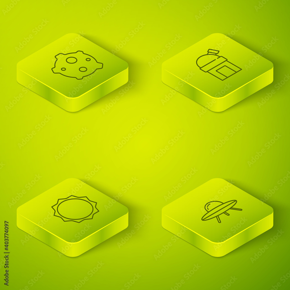 Set Isometric line Astronomical observatory, Sun, UFO flying spaceship and Asteroid icon. Vector.