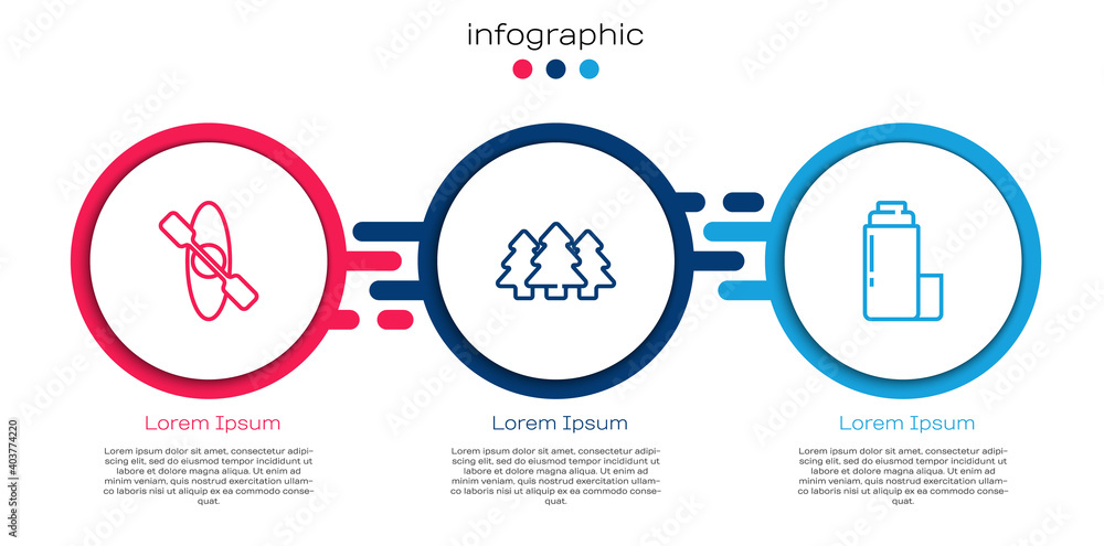 Set line Kayak or canoe, Forest and Thermos container. Business infographic template. Vector.