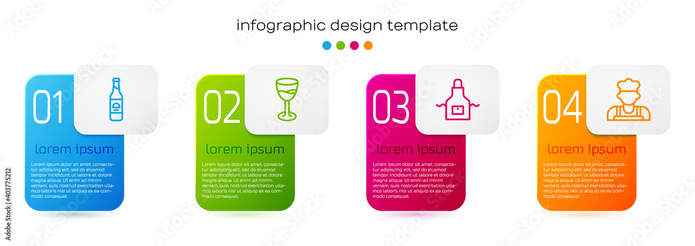 Set line Beer bottle, Wine glass, Kitchen apron and Cook. Business infographic template. Vector.