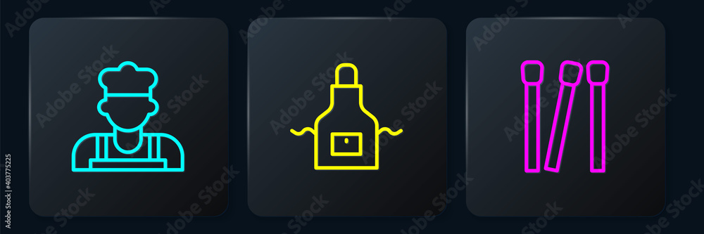 Set line Cook, Matches and Kitchen apron. Black square button. Vector.