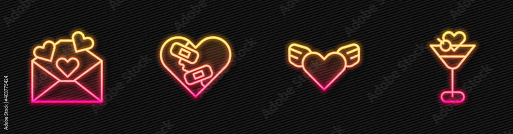 Set line Heart with wings, Envelope Valentine heart, Healed broken and Martini glass. Glowing neon i