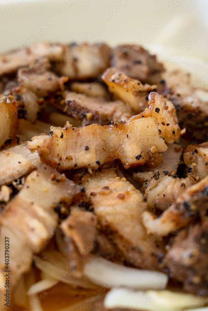 Delicious Taiwanese salted pork food with onion in restaurant.