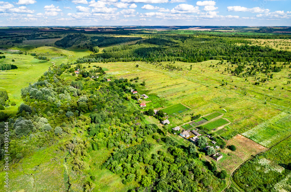 Typical aerial landscape of the Central Russian Upland. Bolshoe Gorodkovo village, Kursk region.