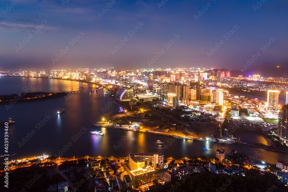 航拍三亚海岸线夜景