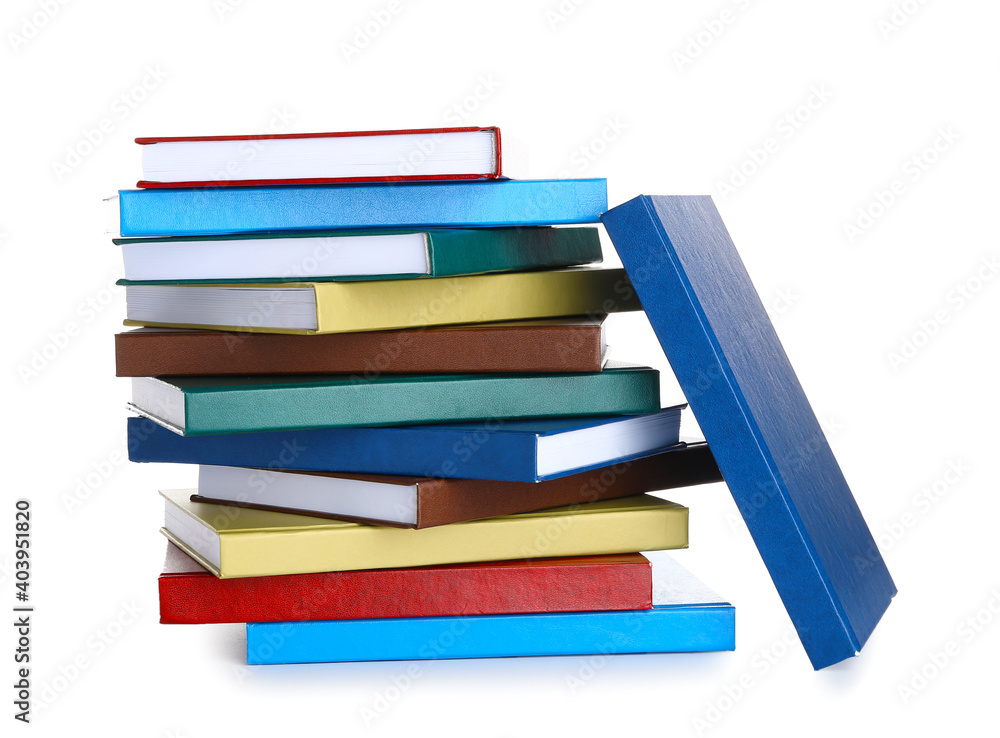 Stack of books on white background