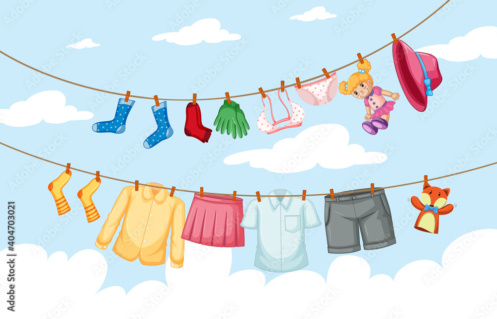 Clothes hanging on line with sky background