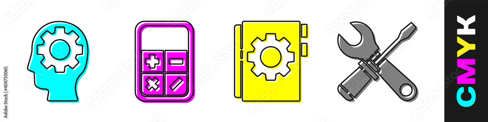 Set Human head with gear inside, Calculator, User manual and Screwdriver and wrench spanner icon. Ve