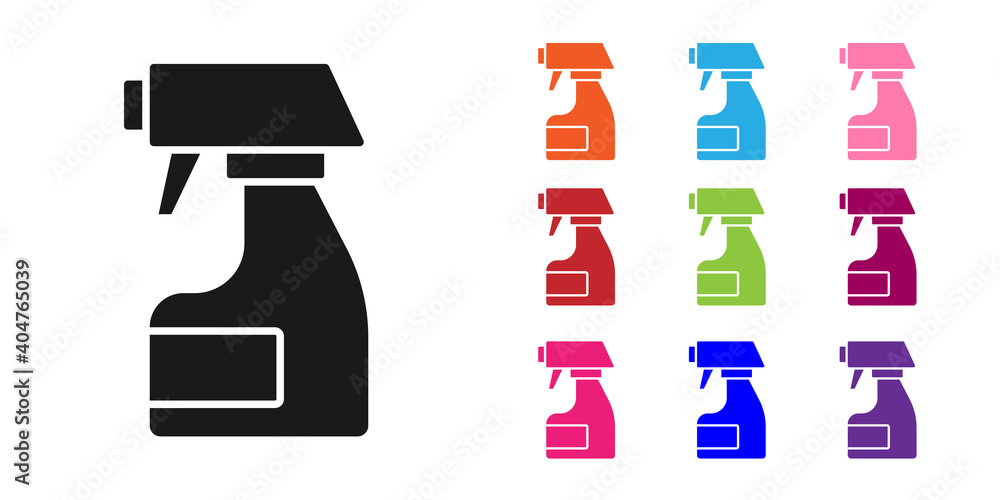 Black Cleaning spray bottle with detergent liquid icon isolated on white background. Stain remover. 