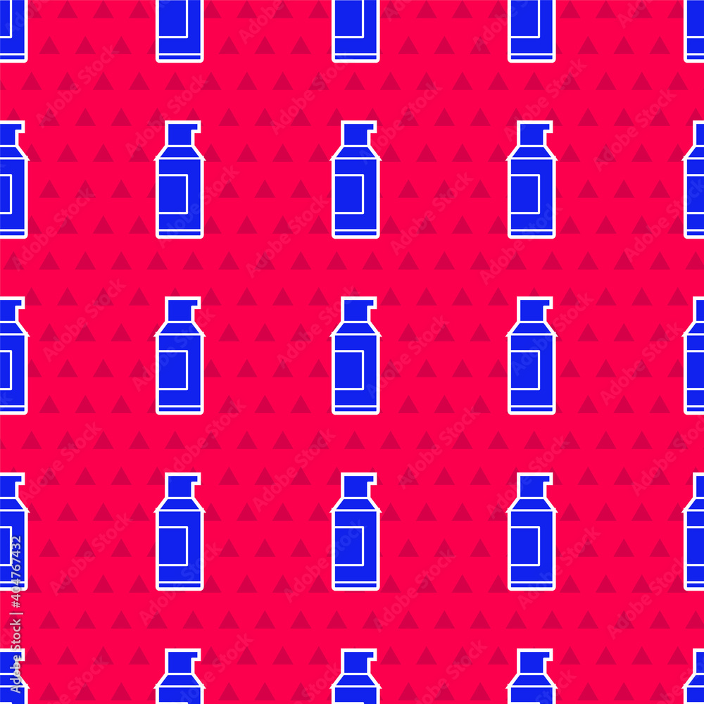 Blue Spray can for hairspray, deodorant, antiperspirant icon isolated seamless pattern on red backgr