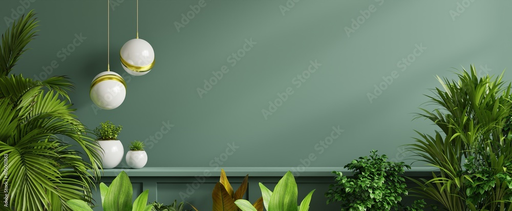 Interior wall mockup with green plant,Green wall and shelf.