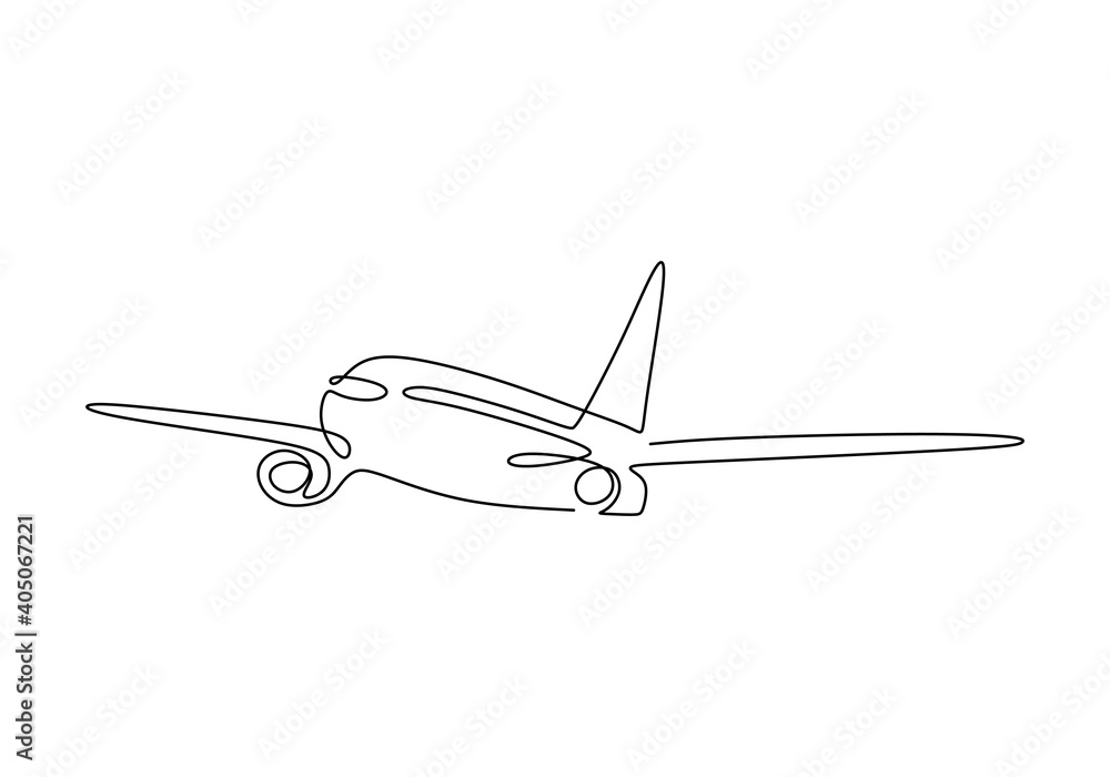 Airplane continuous line. Continuous line drawing of airplane flying on the sky isolated on white ba