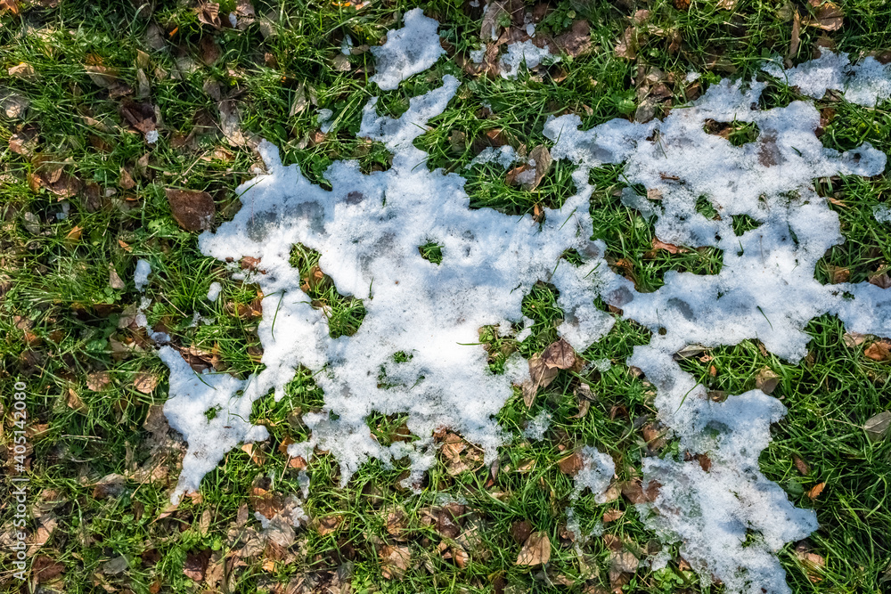 秋天绿草上的积雪。