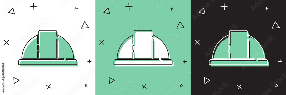 将工人安全帽图标隔离在白色和绿色黑色背景上。矢量图。