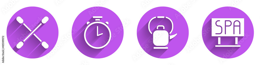 设置耳用棉签、秒表、带把手的水壶和带长柚子的水疗沙龙招牌图标