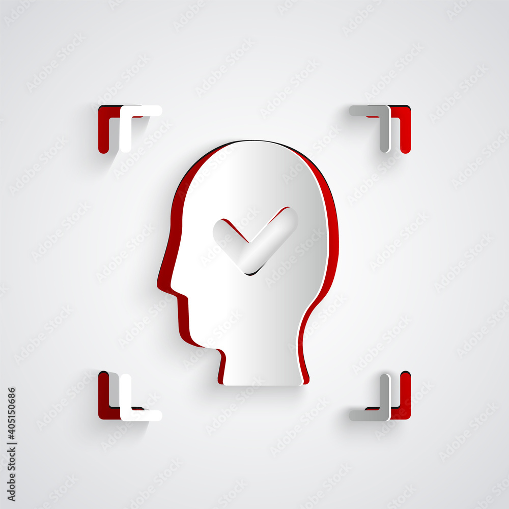 Paper cut Face recognition with check mark icon isolated on grey background. Face identification sca