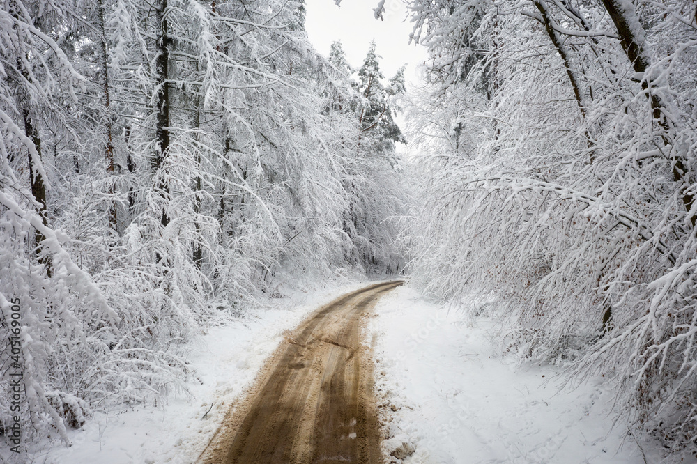 Aerial view of the road in idyllic winter landscape. Poland