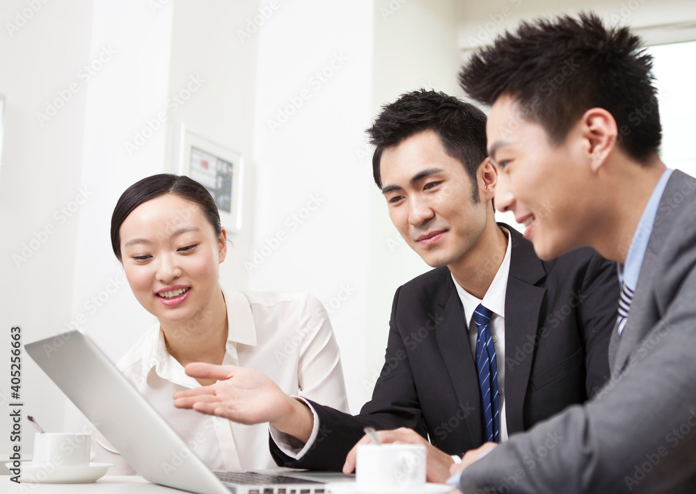 Group of businesspeople discussing working on computer