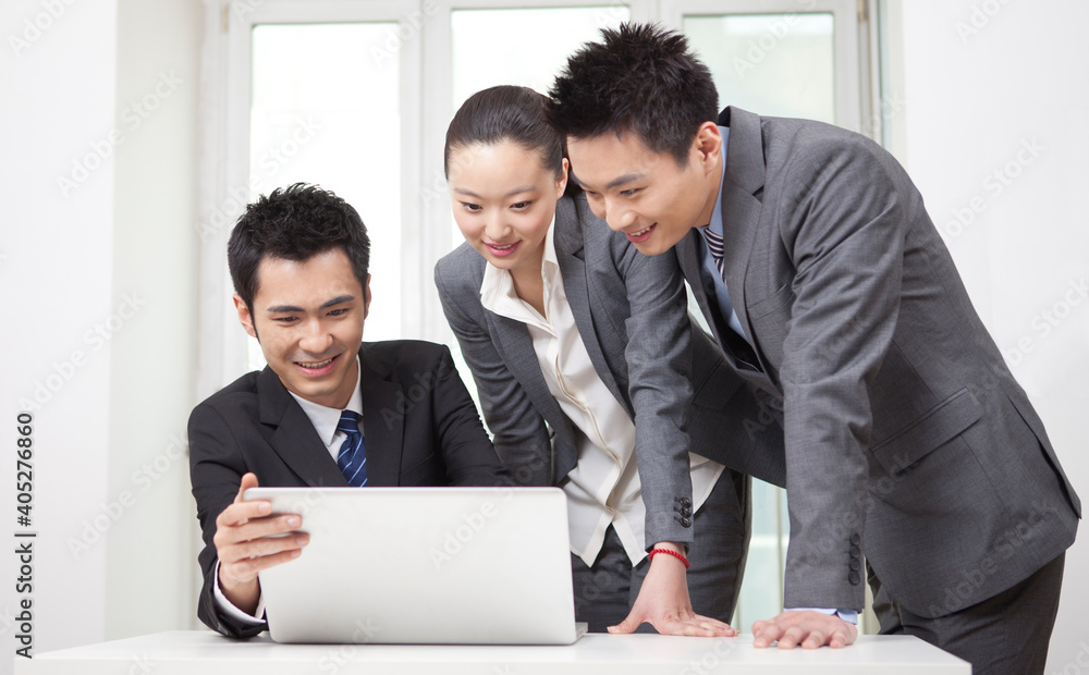 Group of businesspeople discussing working on computer