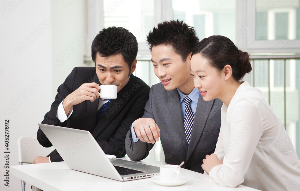 Group of businesspeople discussing working on computer