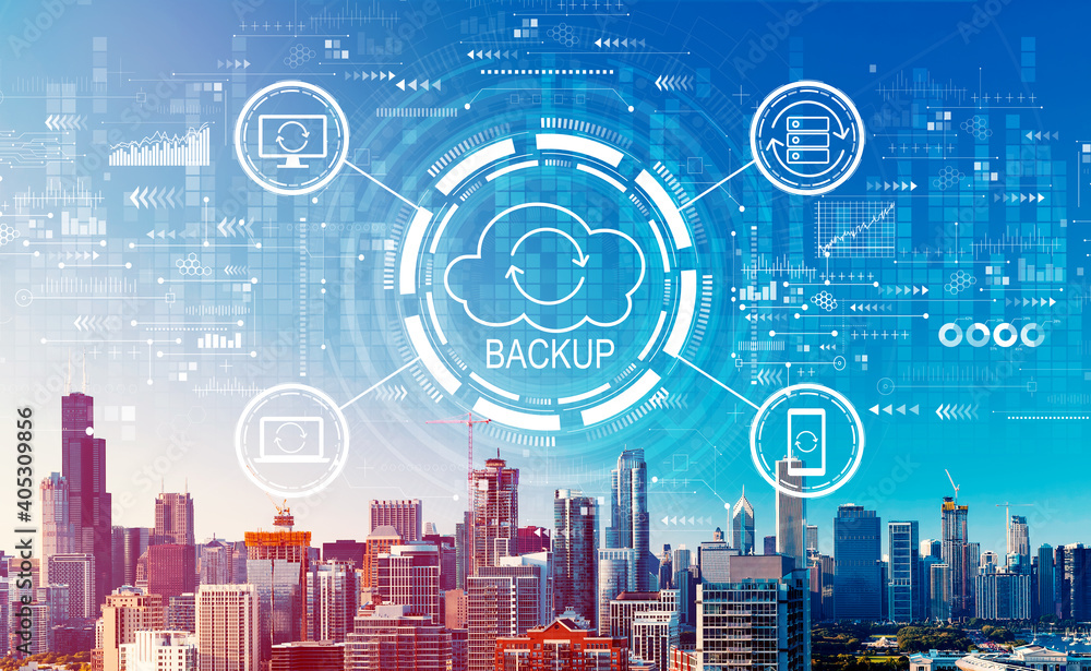 Backup concept with downtown Chicago cityscape skyscrapers