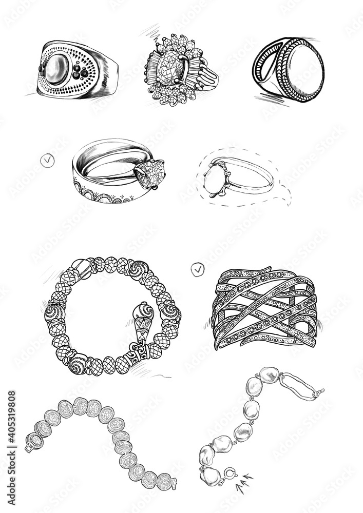 白色背景下美丽珠宝的素描