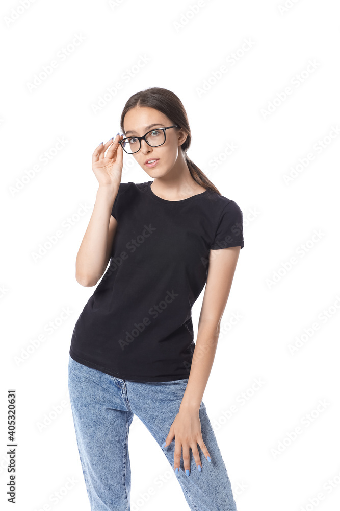 Beautiful young woman on white background