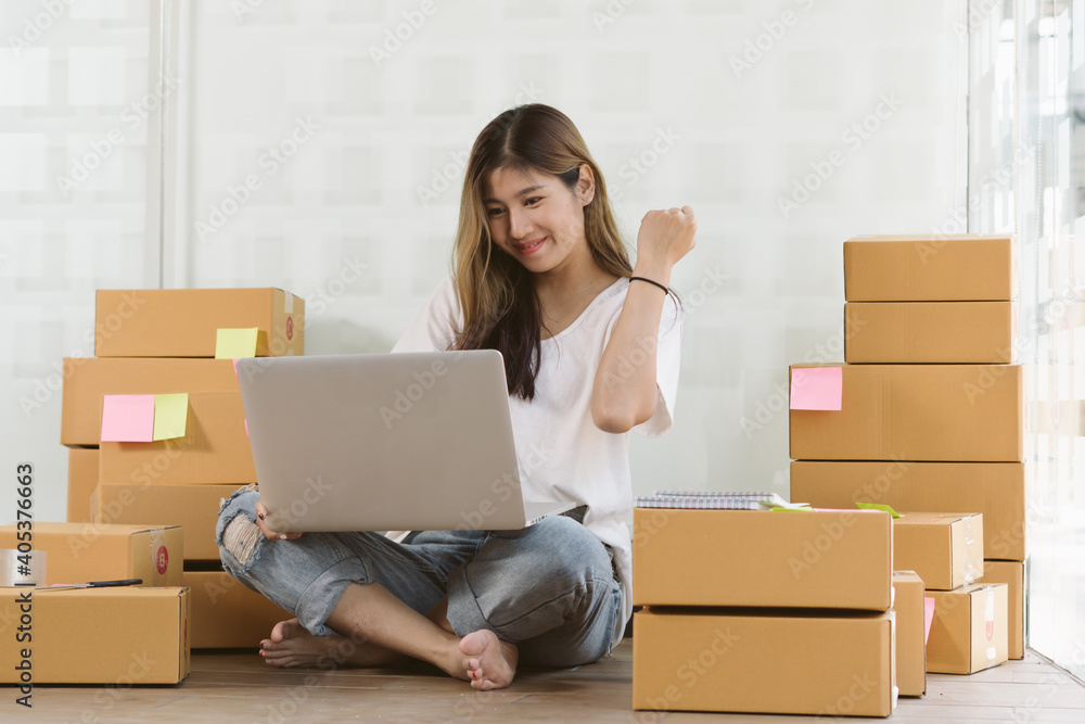 Successful Woman Entrepreneur With Parcel Boxes In Her Own Job Shopping Online Business At Home