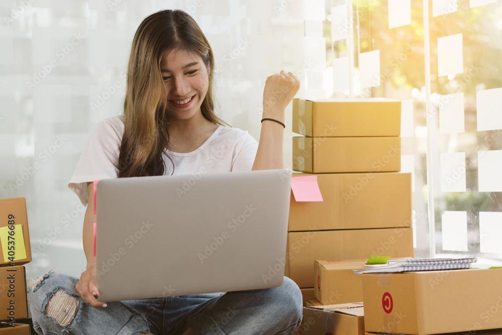 Successful Woman Entrepreneur With Parcel Boxes In Her Own Job Shopping Online Business At Home