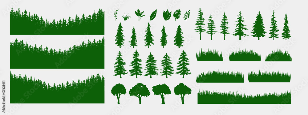 森林矢量集-收集树木、草和植物，以创建自己的场景和背景。