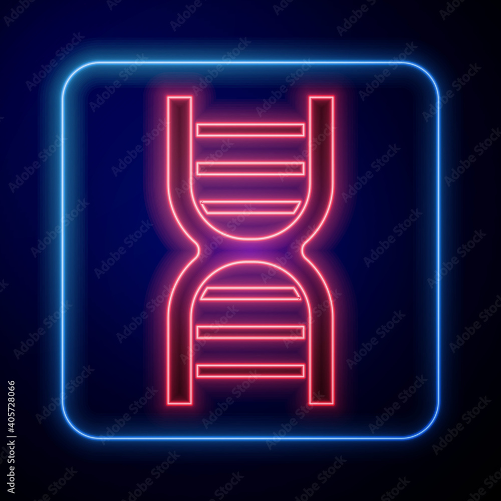 蓝色背景上分离的发光霓虹灯DNA符号图标。矢量。