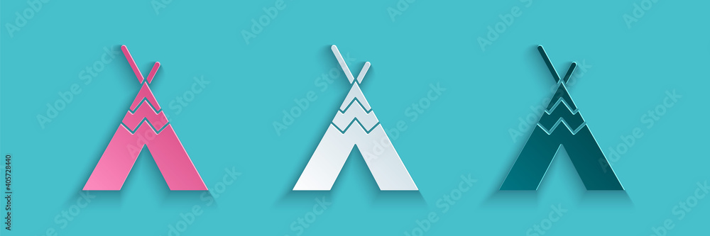 Paper cut Traditional indian teepee or wigwam icon isolated on blue background. Indian tent. Paper a