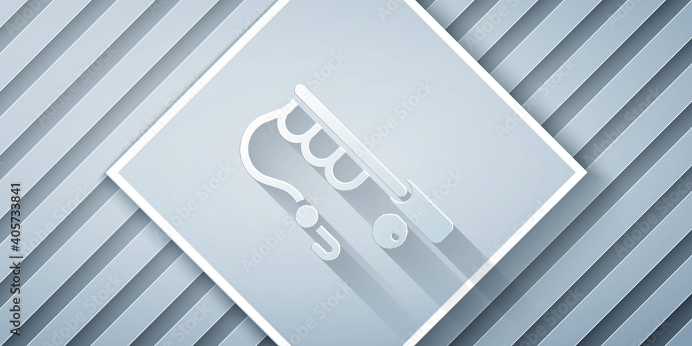 Paper cut Fishing rod icon isolated on grey background. Fishing equipment and fish farming topics. P