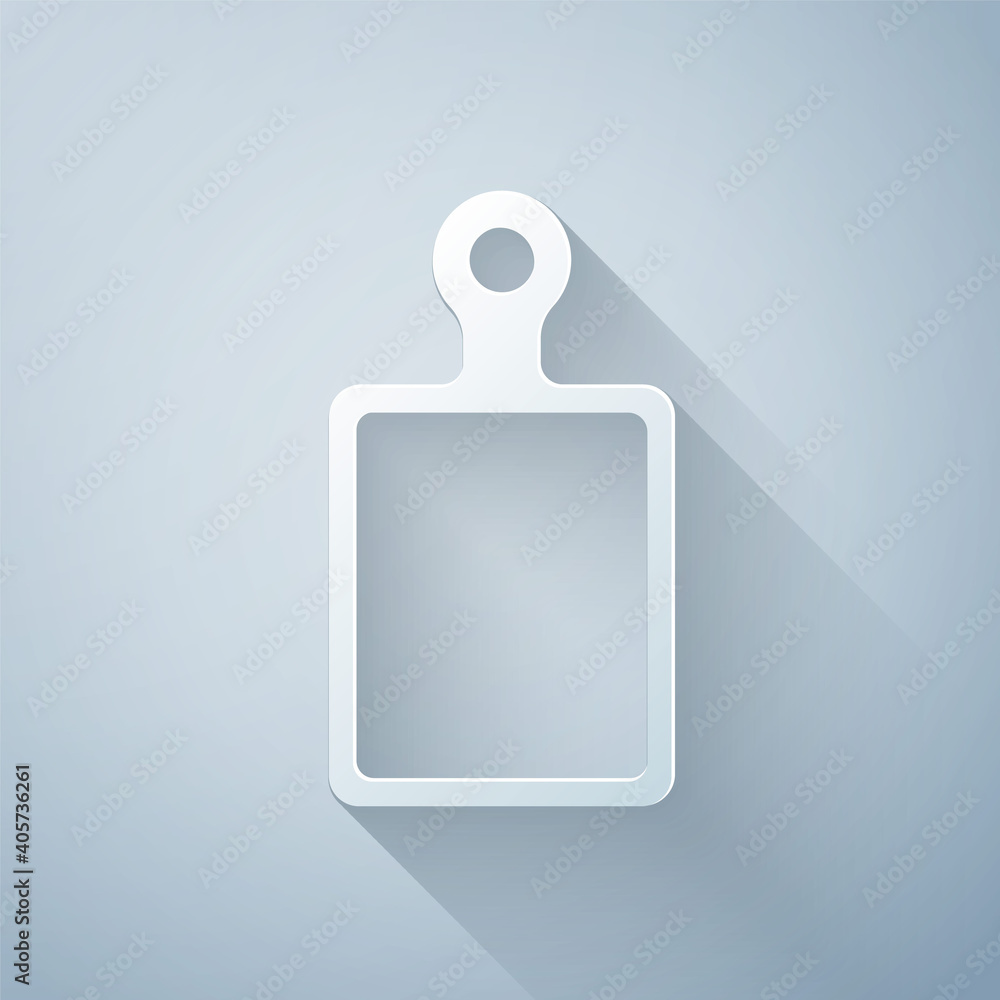 Paper cut Cutting board icon isolated on grey background. Chopping Board symbol. Paper art style. Ve