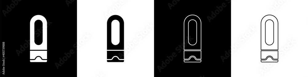 Set Bottle of shampoo icon isolated on black and white background. Vector.