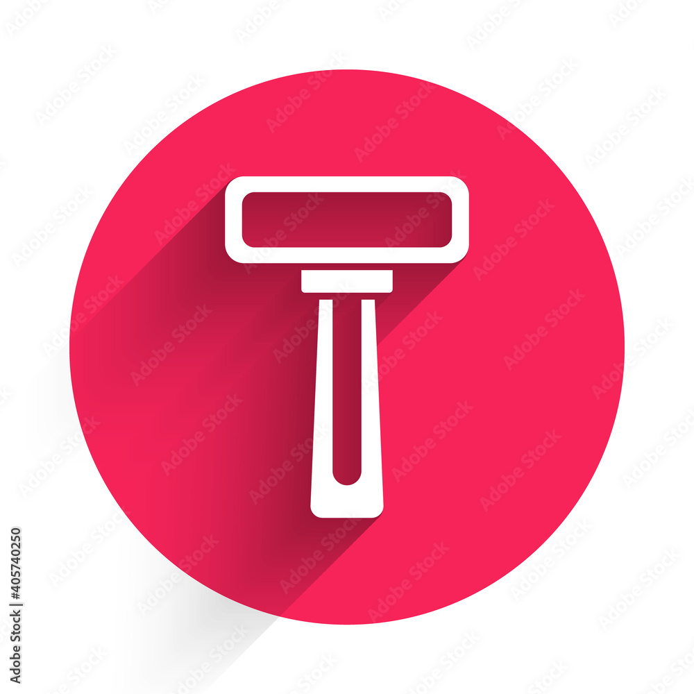 White Shaving razor icon isolated with long shadow. Red circle button. Vector.