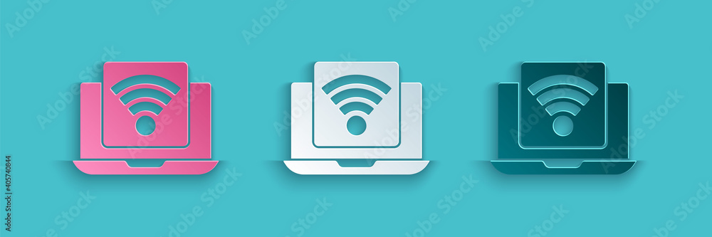 Paper cut Wireless laptop icon isolated on blue background. Internet of things concept with wireless