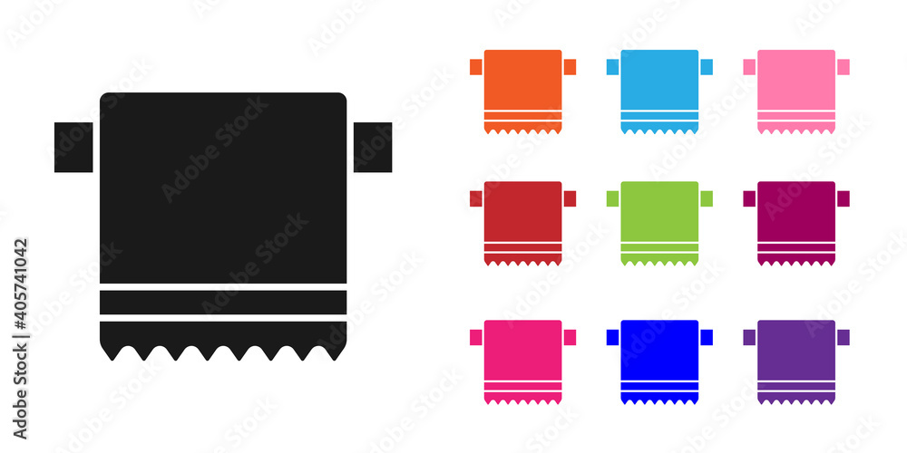 白色背景上隔离的黑色毛巾挂图标。浴室毛巾图标。设置彩色图标。Ve