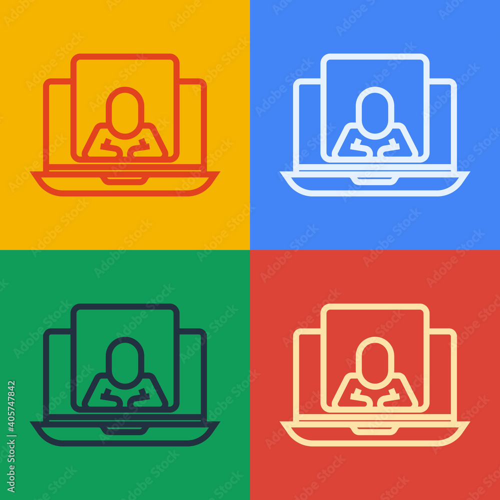 Pop art line Online psychological counseling distance icon isolated on color background. Psychothera