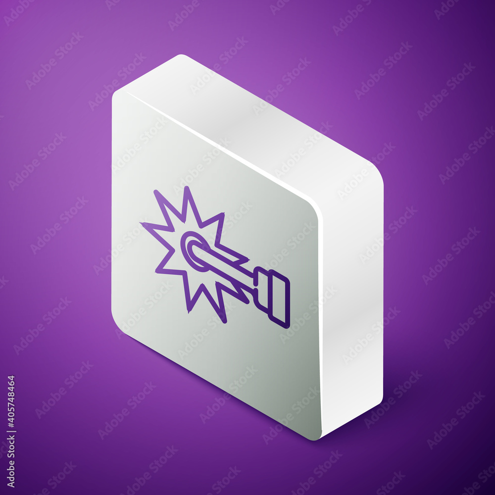 Isometric line Cowboy horse riding spur for boot icon isolated on purple background. Silver square b