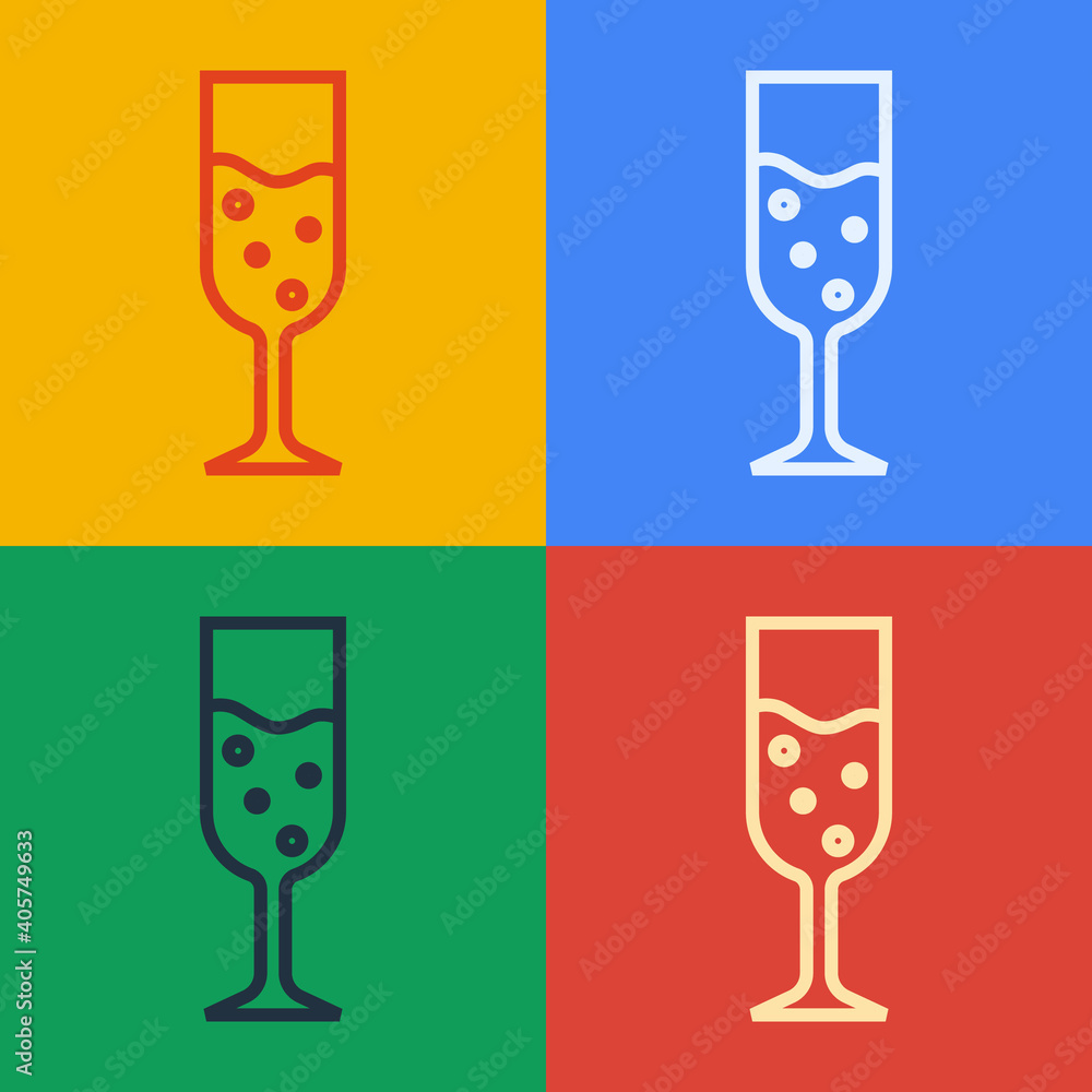 Pop art line Glass of champagne icon isolated on color background. Vector.