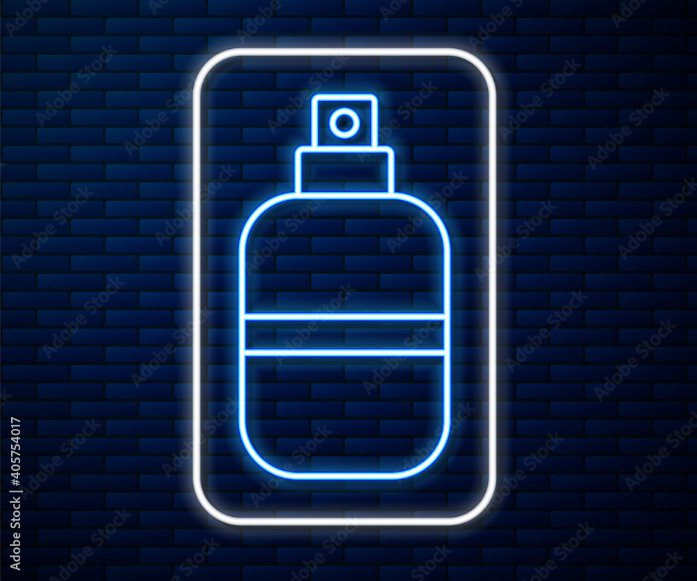 Glowing neon line Perfume icon isolated on brick wall background. Vector.