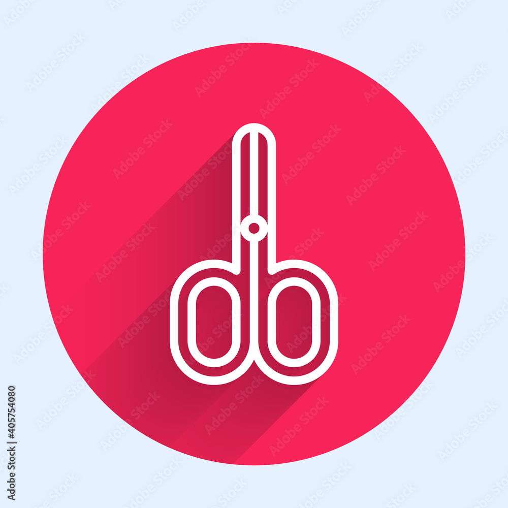 White line Scissors icon isolated with long shadow. Cutting tool sign. Red circle button. Vector.