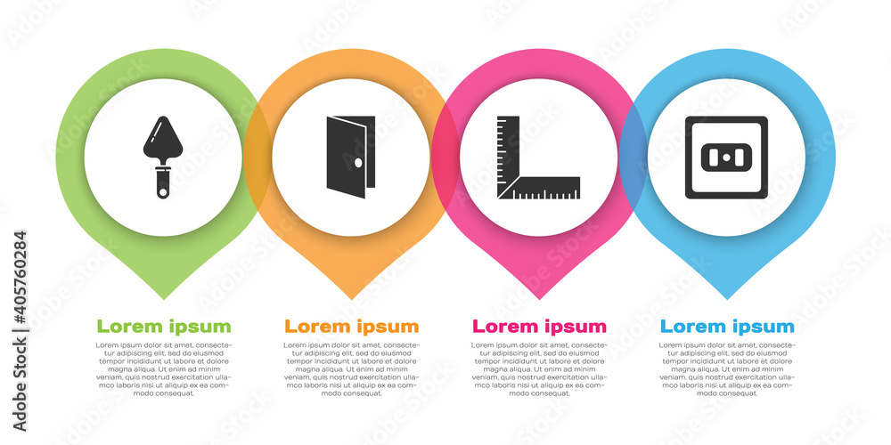 Set Trowel，Closed door，Corner直尺和电源插座。商业信息图模板。Vector。